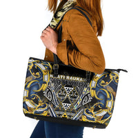 Aotearoa Ngati Raukawa Leather Tote Bag Maori Tribal Yellow And Navy Paua Shell Pattern DT05 Yellow - Polynesian Pride