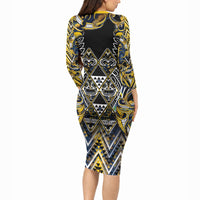 Aotearoa Ngati Raukawa Long Sleeve Bodycon Dress Maori Tribal Yellow And Navy Paua Shell Pattern DT05 - Polynesian Pride