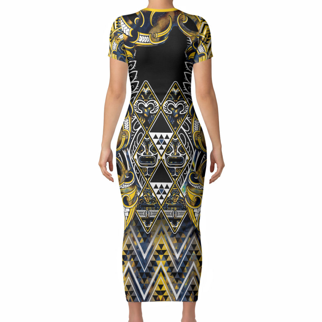 Aotearoa Ngati Raukawa Short Sleeve Bodycon Dress Maori Tribal Yellow And Navy Paua Shell Pattern DT05 - Polynesian Pride