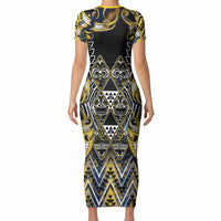 Aotearoa Ngati Raukawa Short Sleeve Bodycon Dress Maori Tribal Yellow And Navy Paua Shell Pattern DT05 - Polynesian Pride