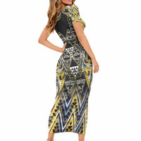 Aotearoa Ngati Raukawa Short Sleeve Bodycon Dress Maori Tribal Yellow And Navy Paua Shell Pattern DT05 - Polynesian Pride