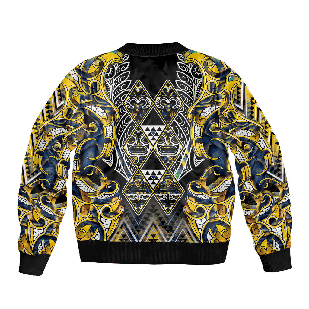 Aotearoa Ngati Raukawa Sleeve Zip Bomber Jacket Maori Tribal Yellow And Navy Paua Shell Pattern DT05 - Polynesian Pride