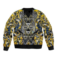 Aotearoa Ngati Raukawa Sleeve Zip Bomber Jacket Maori Tribal Yellow And Navy Paua Shell Pattern DT05 - Polynesian Pride