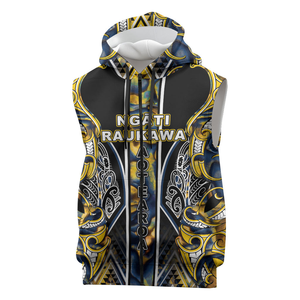 Aotearoa Ngati Raukawa Sleeveless Zip Hoodie Maori Tribal Yellow And Navy Paua Shell Pattern DT05 Yellow - Polynesian Pride