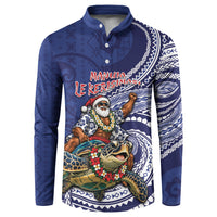 Samoa Christmas Button Sweatshirt Santa Riding Sea Turtle DT05 Navy - Polynesian Pride