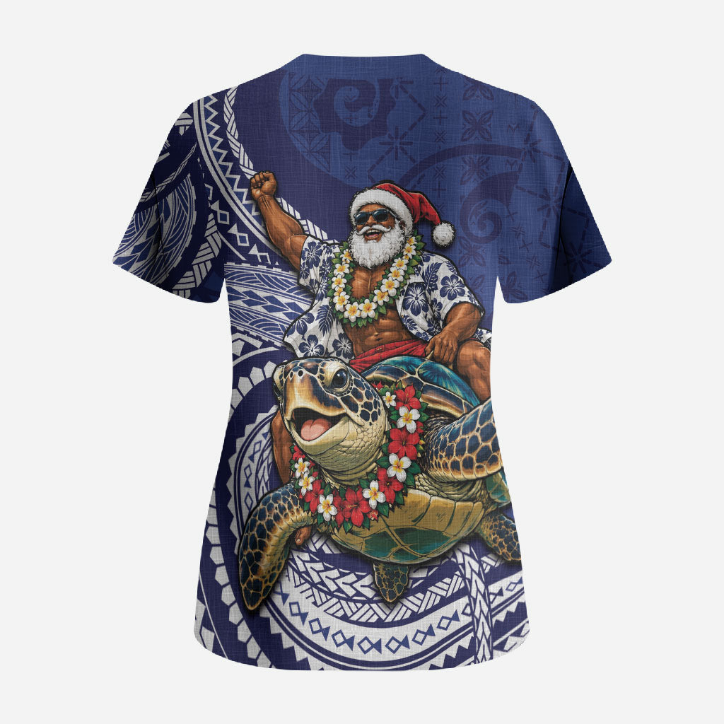 Samoa Christmas Scrub Top Santa Riding Sea Turtle DT05 - Polynesian Pride