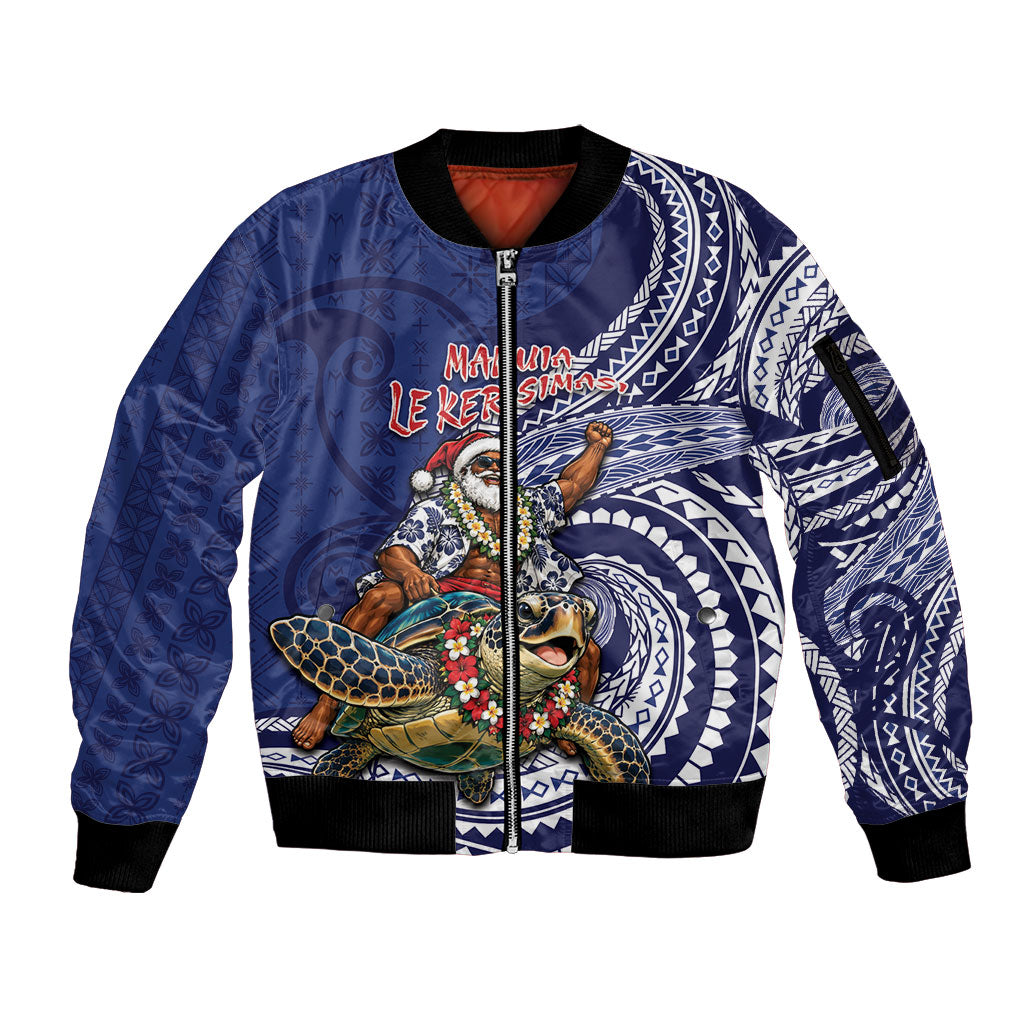 Samoa Christmas Sleeve Zip Bomber Jacket Santa Riding Sea Turtle DT05 Unisex Navy - Polynesian Pride