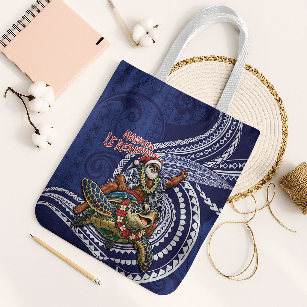 Samoa Christmas Tote Bag Santa Riding Sea Turtle DT05 White Strap One Size Navy - Polynesian Pride