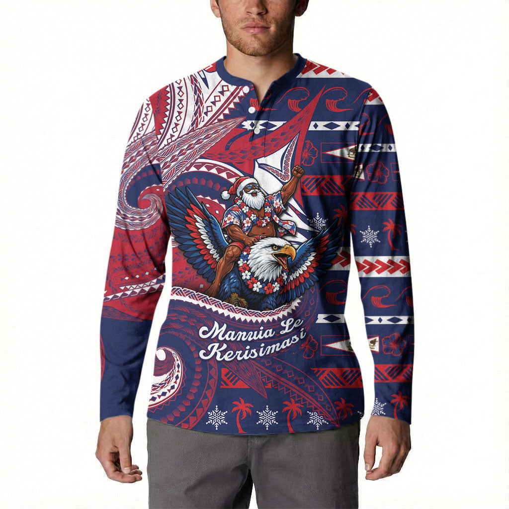 American Samoa Christmas Button Sweatshirt Santa Riding Bald Eagle DT05 - Polynesian Pride