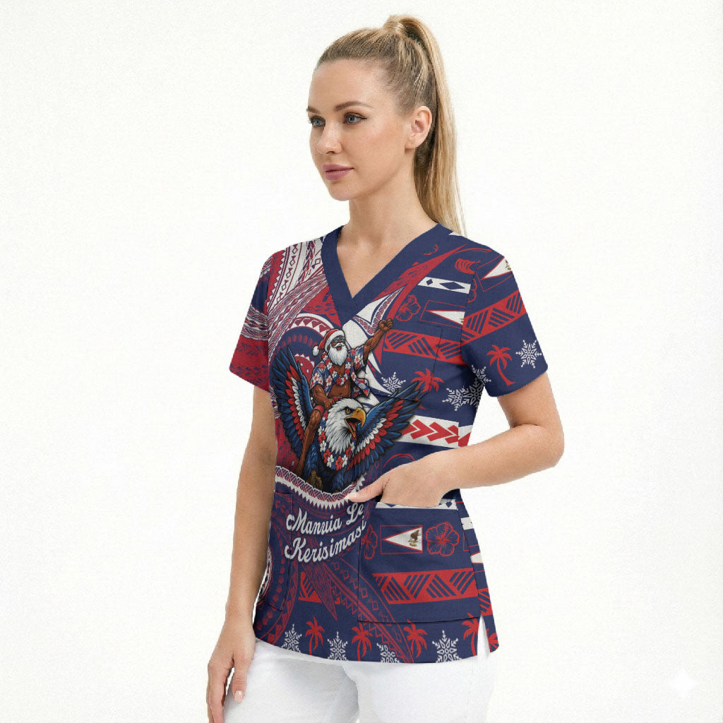 American Samoa Christmas Scrub Top Santa Riding Bald Eagle DT05 - Polynesian Pride