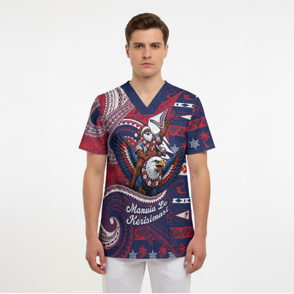 American Samoa Christmas Scrub Top Santa Riding Bald Eagle DT05 - Polynesian Pride