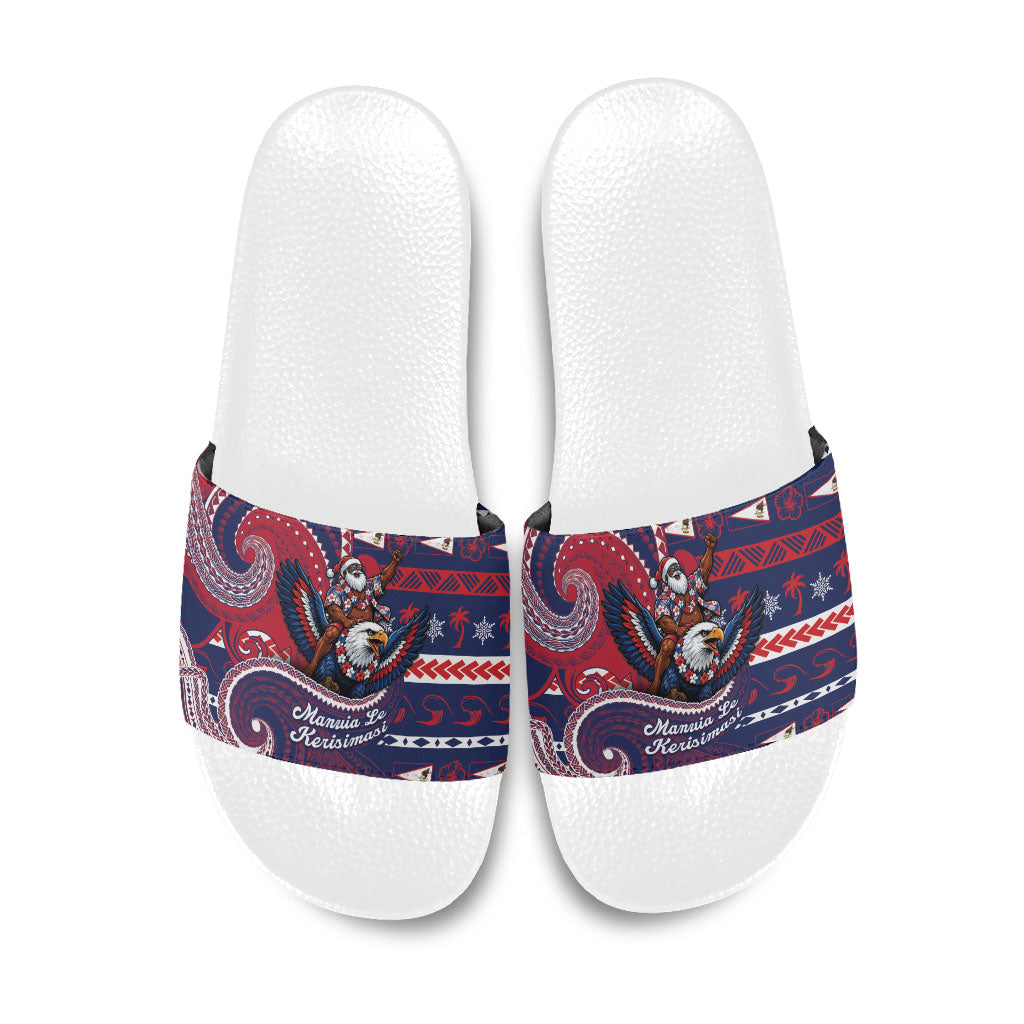 American Samoa Christmas Slide Sandals Santa Riding Bald Eagle DT05 Navy - Polynesian Pride