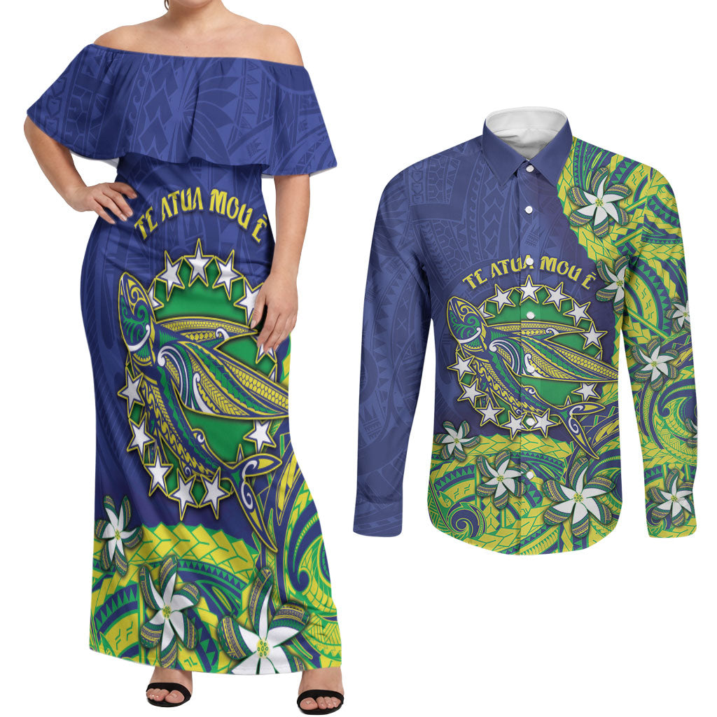 Cook Islands Language Week Couples Matching Off Shoulder Maxi Dress and Long Sleeve Button Shirt Flying Fish 15 Stars Tribal Patterns