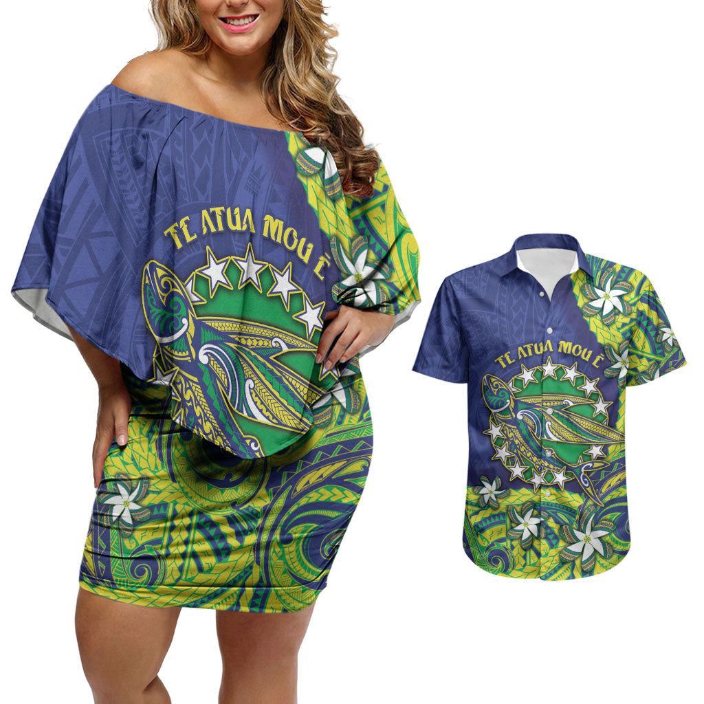 Cook Islands Language Week Couples Matching Off Shoulder Short Dress and Hawaiian Shirt Flying Fish 15 Stars Tribal Patterns