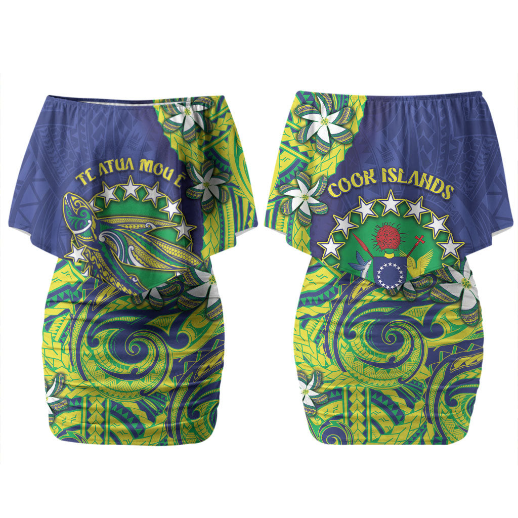 Cook Islands Language Week Couples Matching Off Shoulder Short Dress and Hawaiian Shirt Flying Fish 15 Stars Tribal Patterns