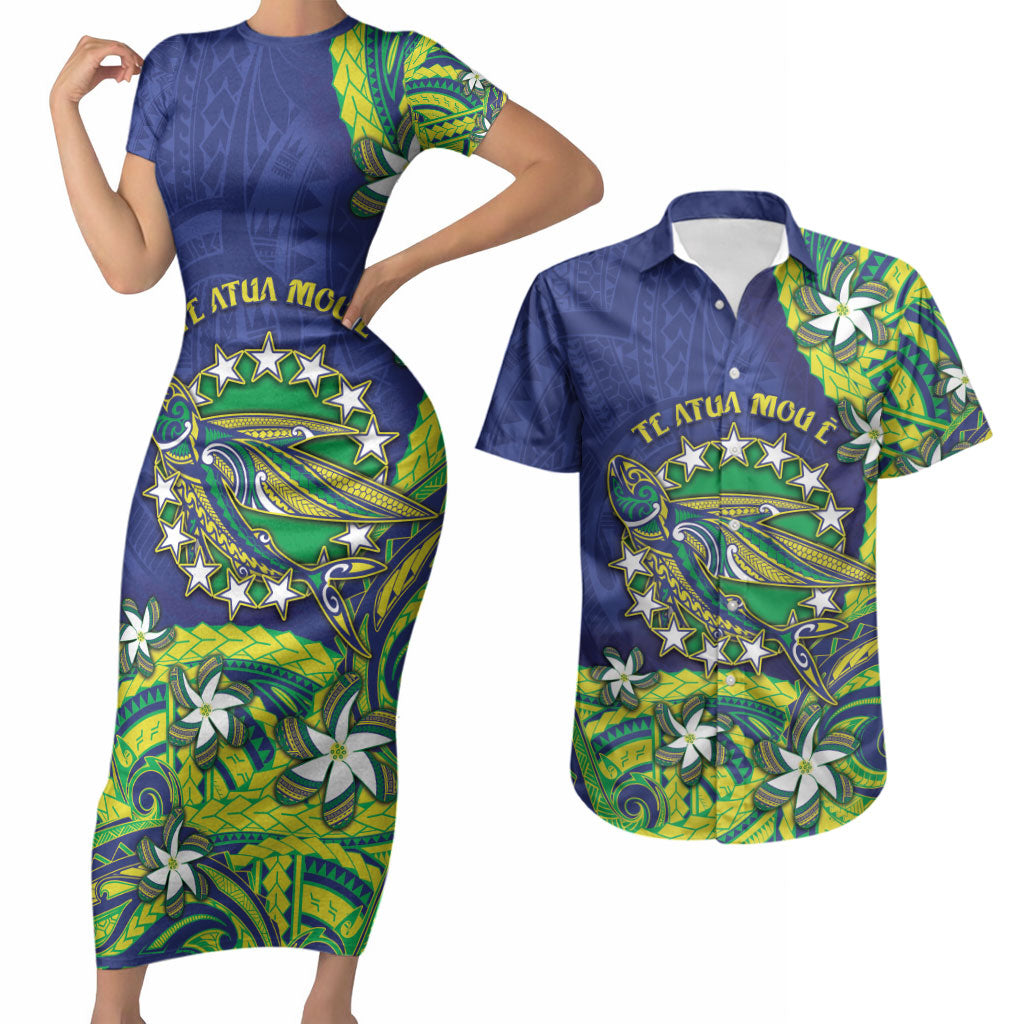 Cook Islands Language Week Couples Matching Short Sleeve Bodycon Dress and Hawaiian Shirt Flying Fish 15 Stars Tribal Patterns