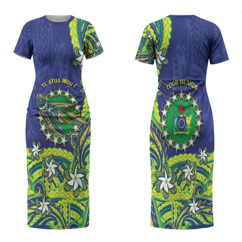 Cook Islands Language Week Couples Matching Short Sleeve Bodycon Dress and Long Sleeve Button Shirt Flying Fish 15 Stars Tribal Patterns