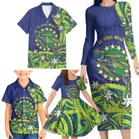 Cook Islands Language Week Family Matching Long Sleeve Bodycon Dress and Hawaiian Shirt Flying Fish 15 Stars Tribal Patterns