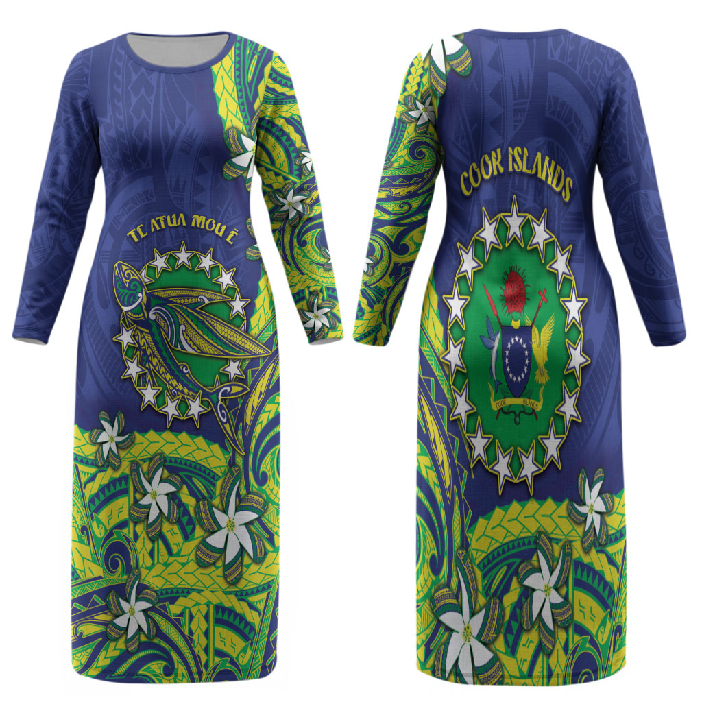 Cook Islands Language Week Family Matching Long Sleeve Bodycon Dress and Hawaiian Shirt Flying Fish 15 Stars Tribal Patterns