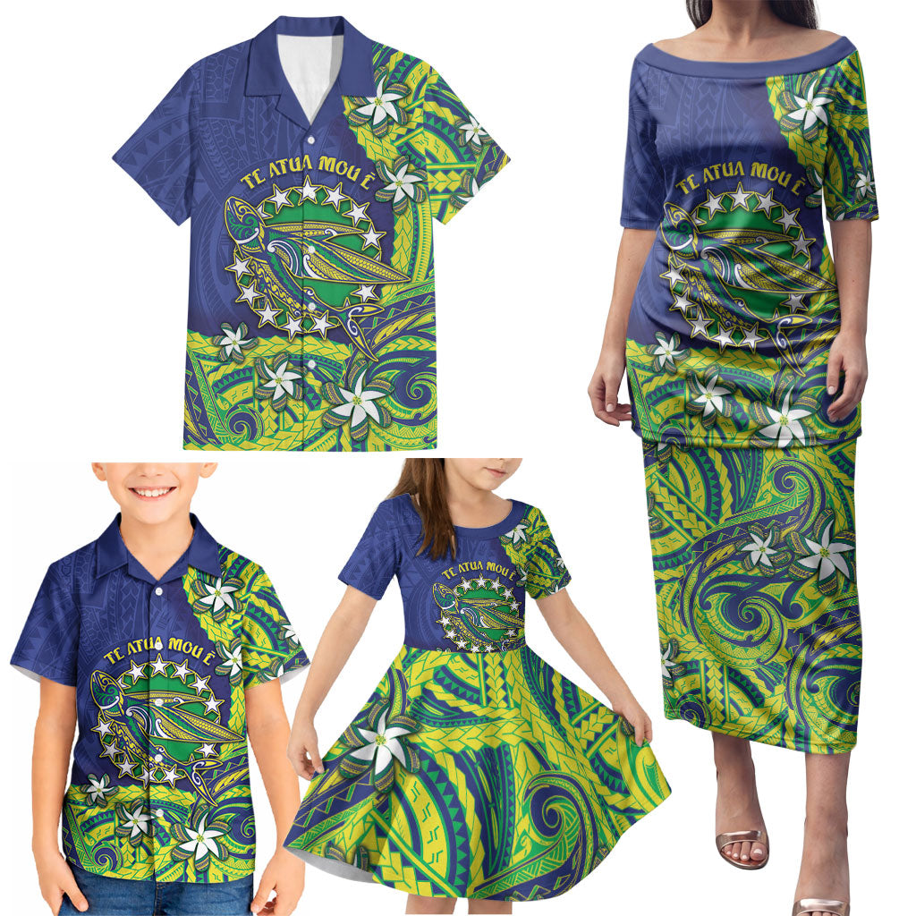 Cook Islands Language Week Family Matching Puletasi and Hawaiian Shirt Flying Fish 15 Stars Tribal Patterns