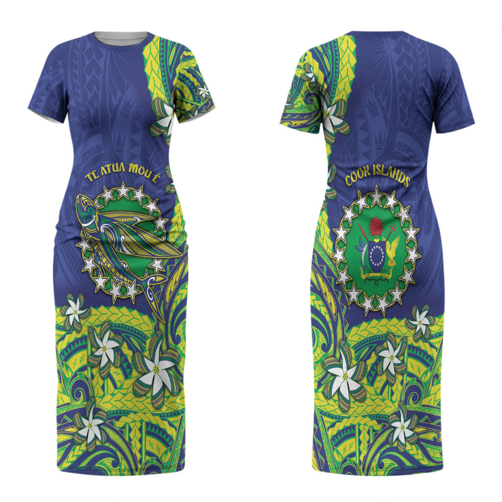 Cook Islands Language Week Family Matching Short Sleeve Bodycon Dress and Hawaiian Shirt Flying Fish 15 Stars Tribal Patterns
