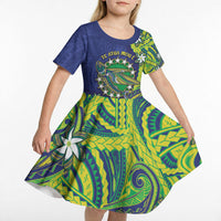 Cook Islands Language Week Kid Short Sleeve Dress Flying Fish 15 Stars Tribal Patterns