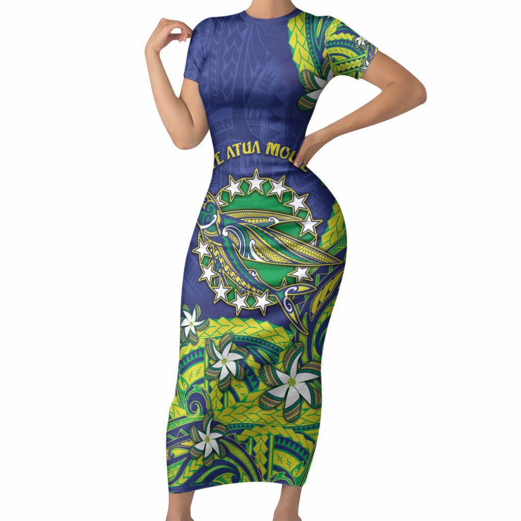Cook Islands Language Week Short Sleeve Bodycon Dress Flying Fish 15 Stars Tribal Patterns DT05 Long Dress Green - Polynesian Pride