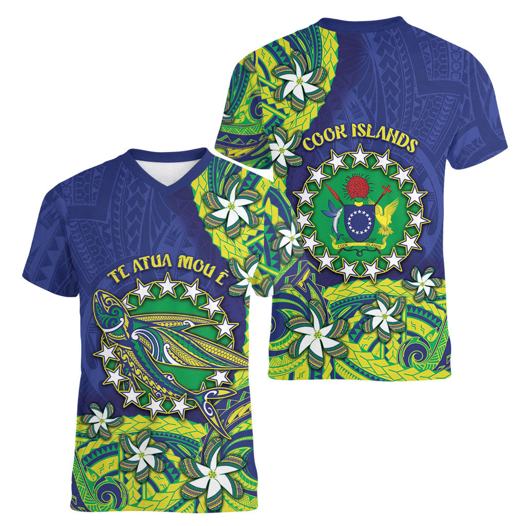 Cook Islands Language Week Women V-Neck T-Shirt Flying Fish 15 Stars Tribal Patterns