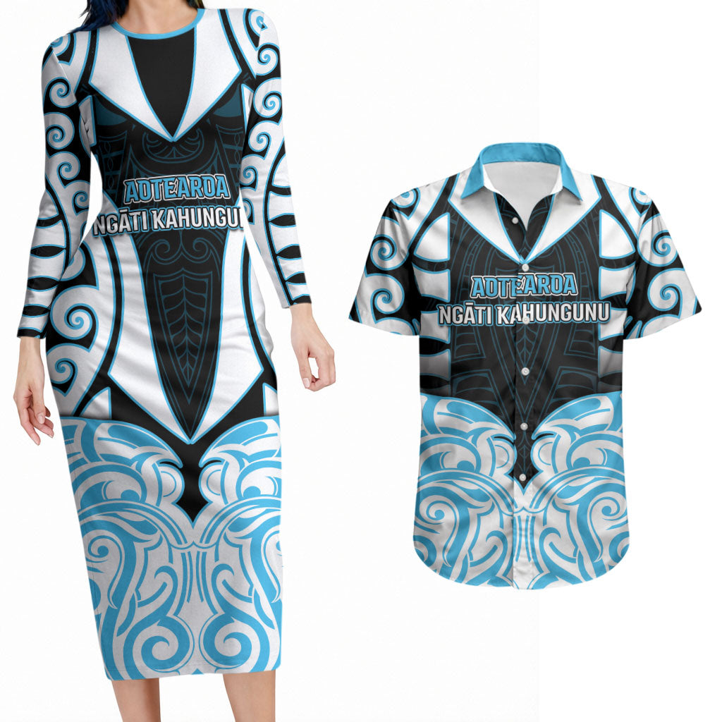 Custom Aotearoa Ngati Kahungunu Couples Matching Long Sleeve Bodycon Dress and Hawaiian Shirt New Zealand Traditional Maori Pattern