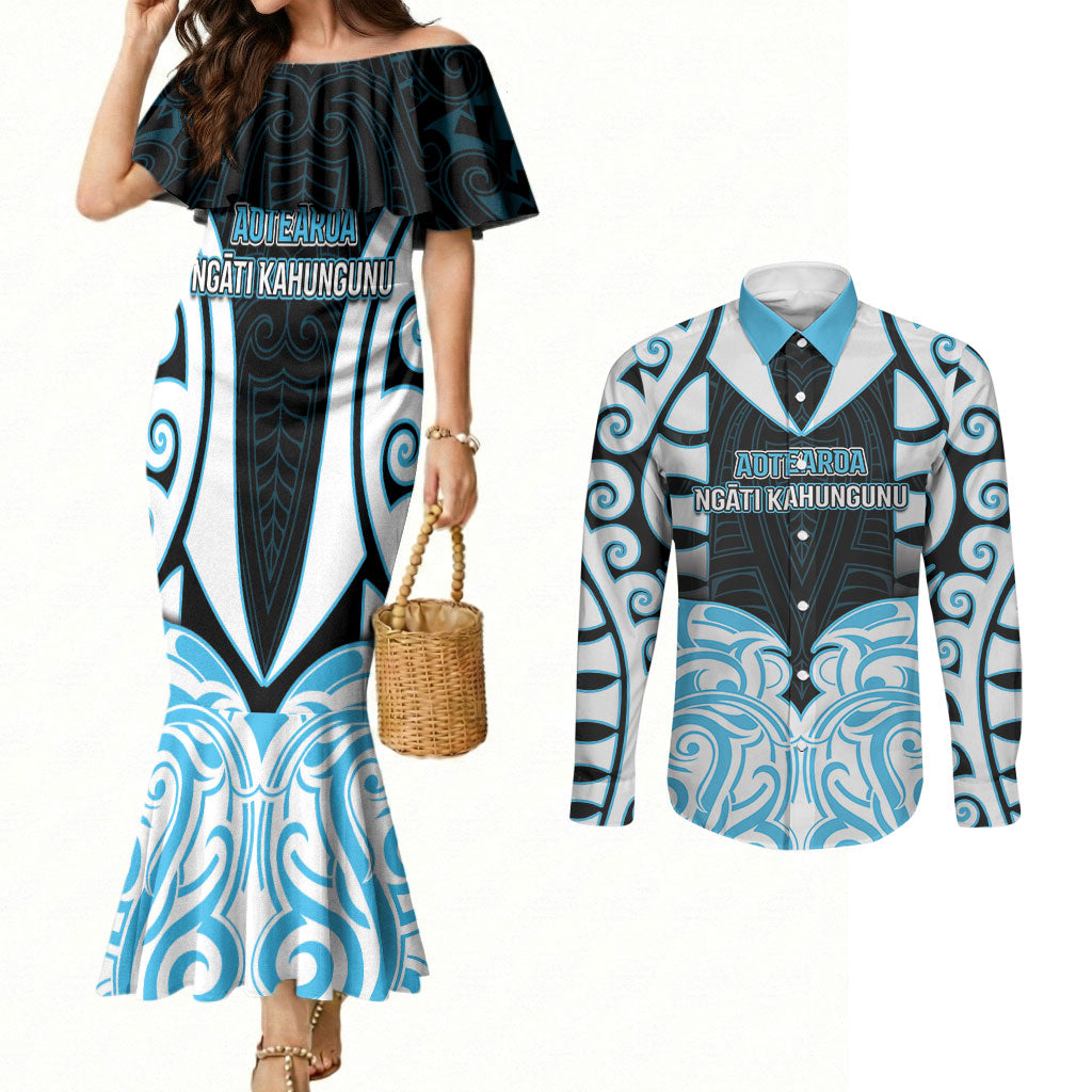 Custom Aotearoa Ngati Kahungunu Couples Matching Mermaid Dress and Long Sleeve Button Shirt New Zealand Traditional Maori Pattern DT05 Blue - Polynesian Pride
