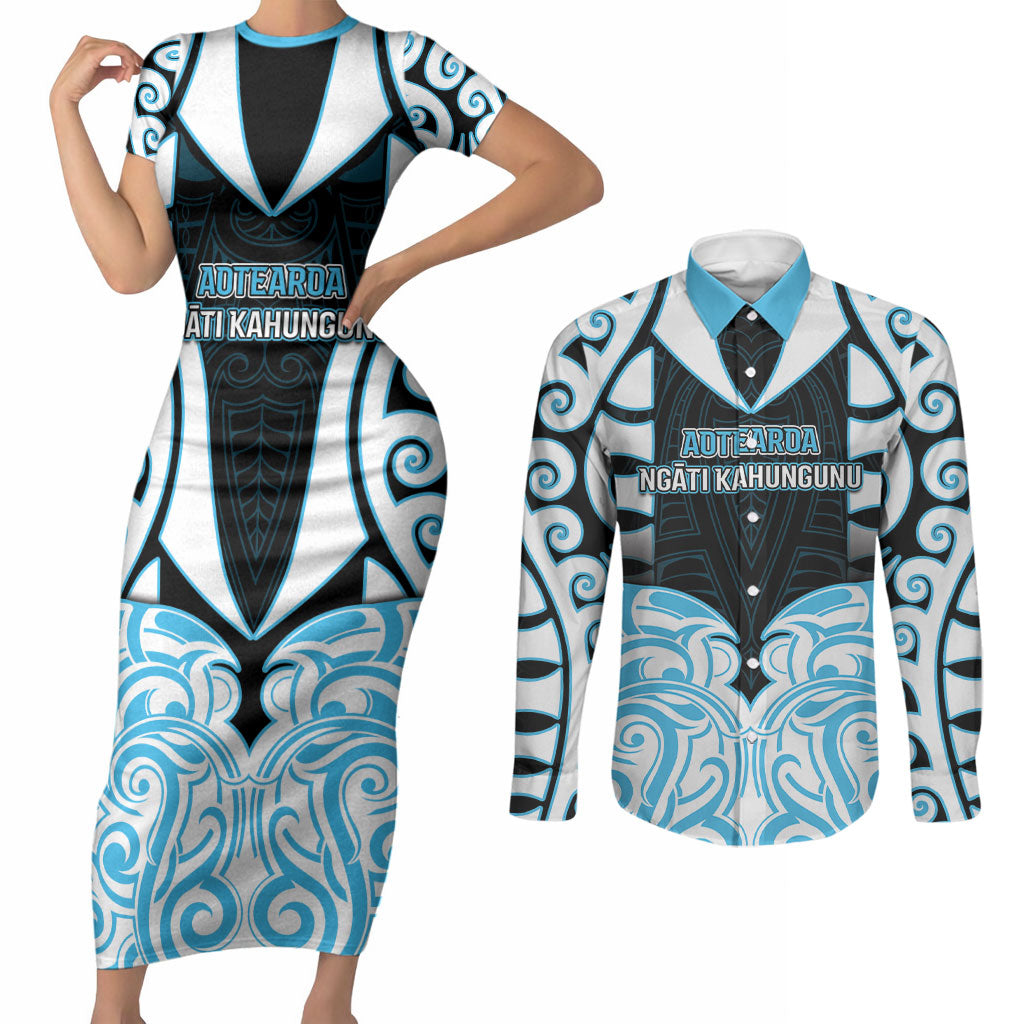 Custom Aotearoa Ngati Kahungunu Couples Matching Short Sleeve Bodycon Dress and Long Sleeve Button Shirt New Zealand Traditional Maori Pattern DT05 Blue - Polynesian Pride