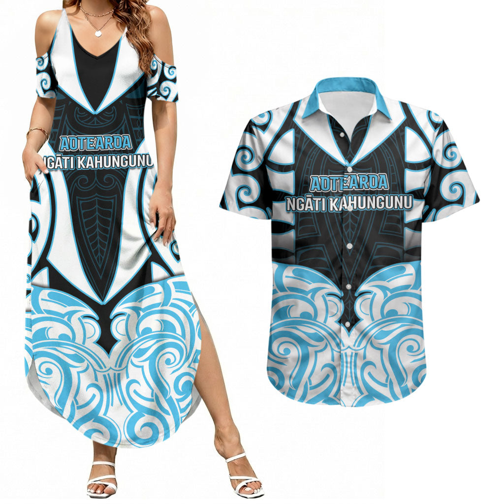 Custom Aotearoa Ngati Kahungunu Couples Matching Summer Maxi Dress and Hawaiian Shirt New Zealand Traditional Maori Pattern DT05 Blue - Polynesian Pride