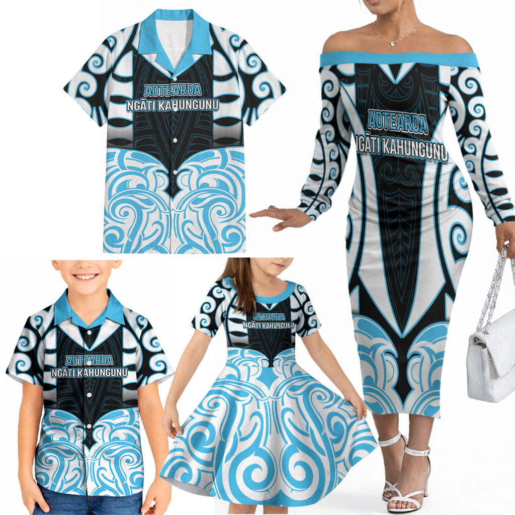 Custom Aotearoa Ngati Kahungunu Family Matching Off The Shoulder Long Sleeve Dress and Hawaiian Shirt New Zealand Traditional Maori Pattern DT05 - Polynesian Pride