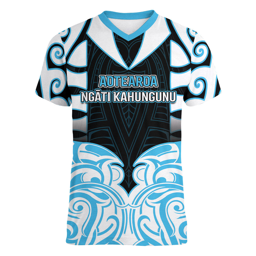 Custom Aotearoa Ngati Kahungunu Women V-Neck T-Shirt New Zealand Traditional Maori Pattern
