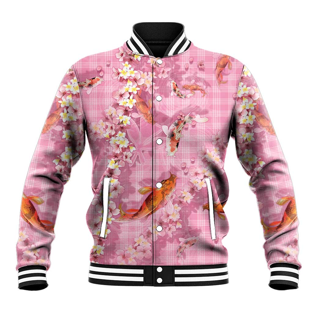 Pink Palaka Hawaiian And Japanese Baseball Jacket Sakura Lei With Koi Fish - Polynesian Pride