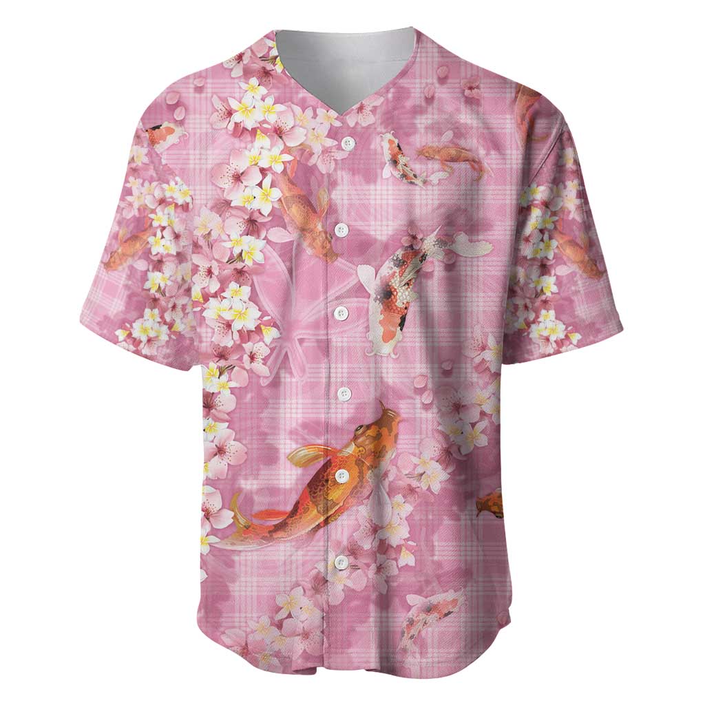 Pink Palaka Hawaiian And Japanese Baseball Jersey Sakura Lei With Koi Fish - Polynesian Pride