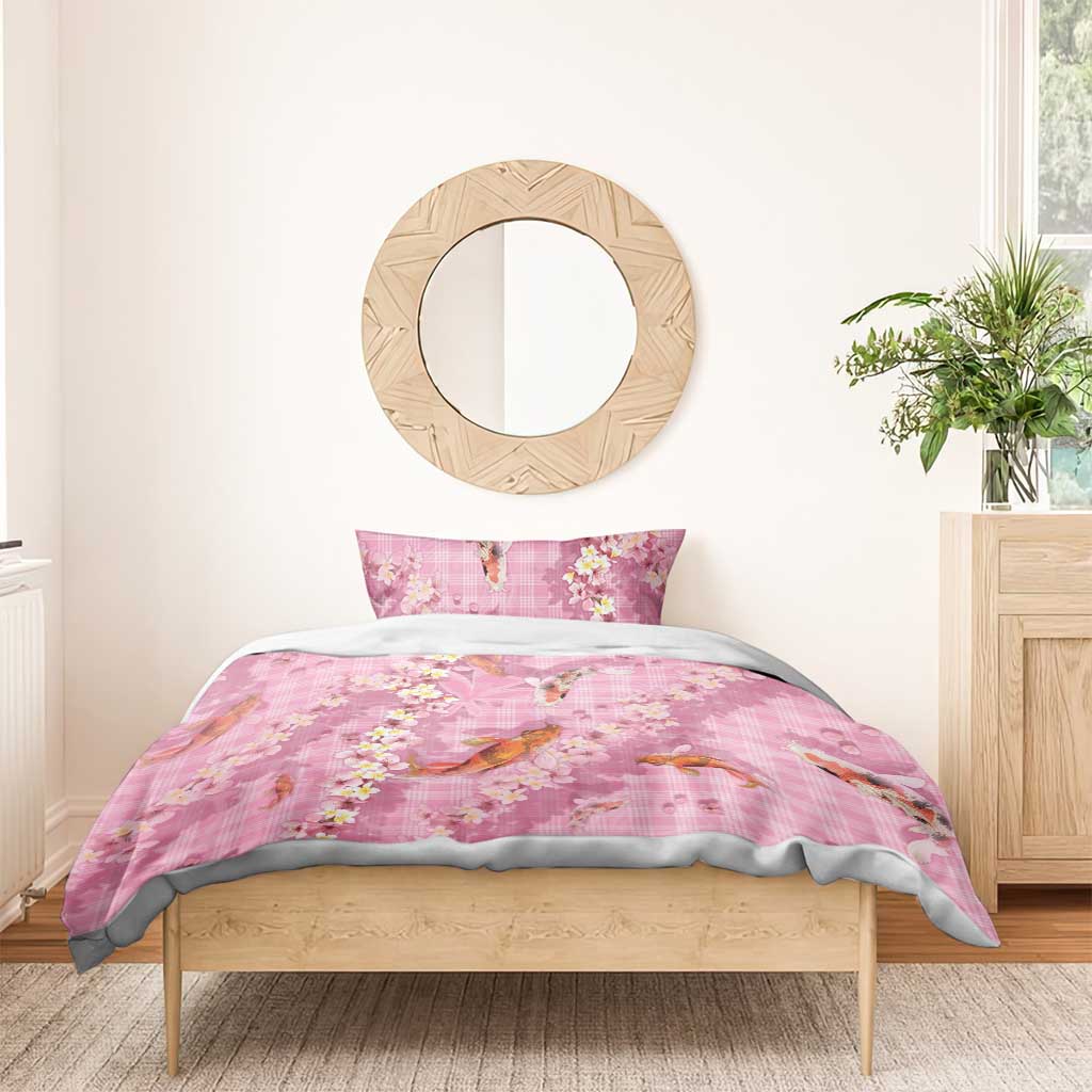 Pink Palaka Hawaiian And Japanese Bedding Set Sakura Lei With Koi Fish - Polynesian Pride