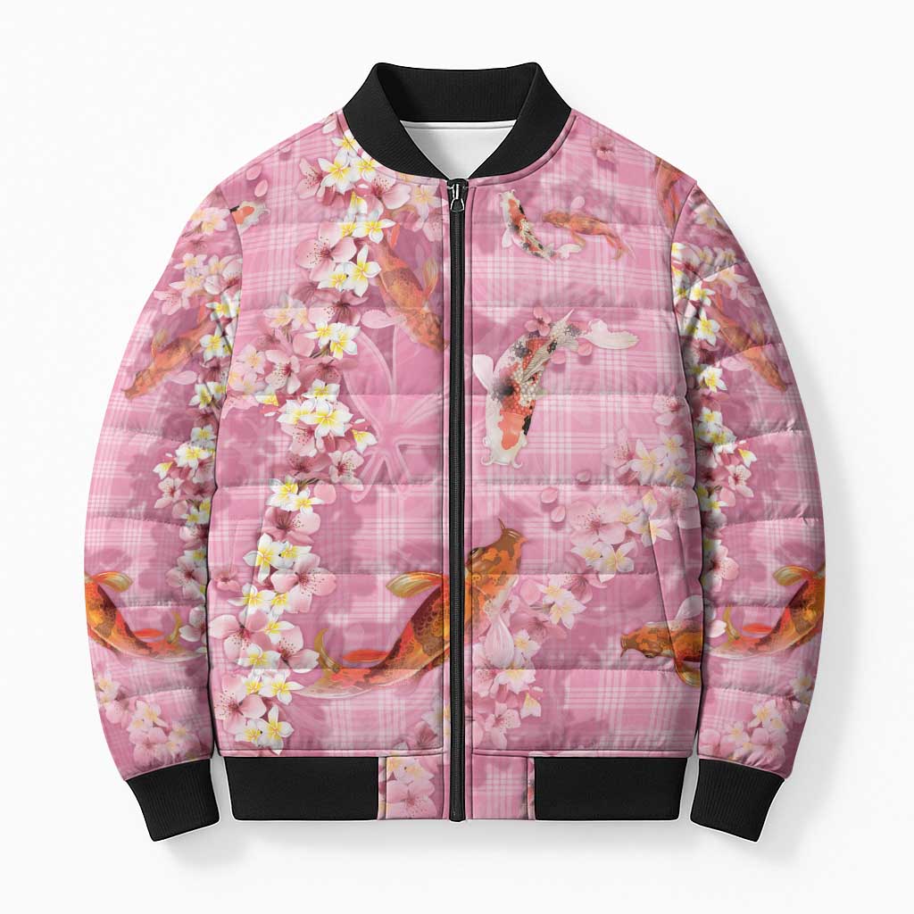 Pink Palaka Hawaiian And Japanese Bomber Puffer Jacket Sakura Lei With Koi Fish - Polynesian Pride