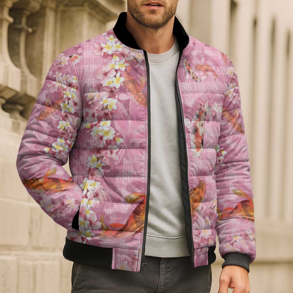 Pink Palaka Hawaiian And Japanese Bomber Puffer Jacket Sakura Lei With Koi Fish - Polynesian Pride