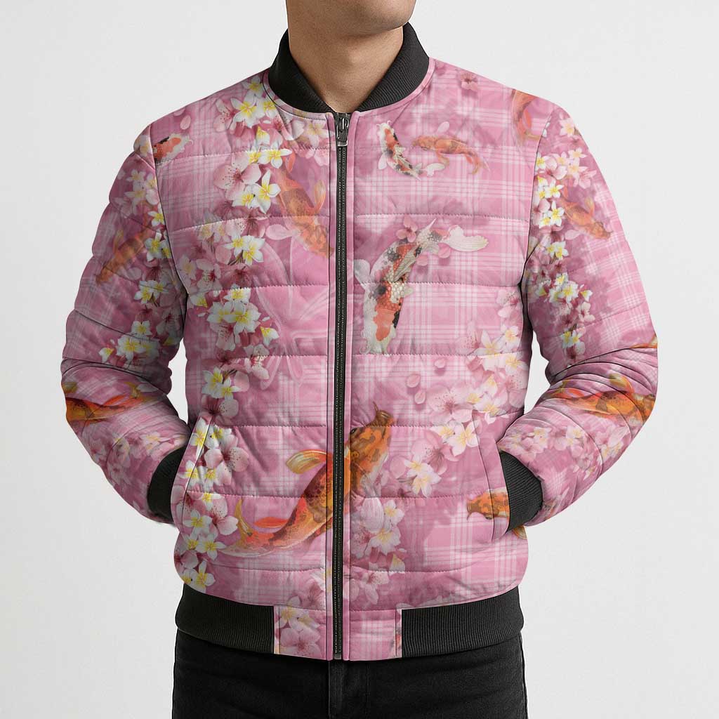 Pink Palaka Hawaiian And Japanese Bomber Puffer Jacket Sakura Lei With Koi Fish - Polynesian Pride