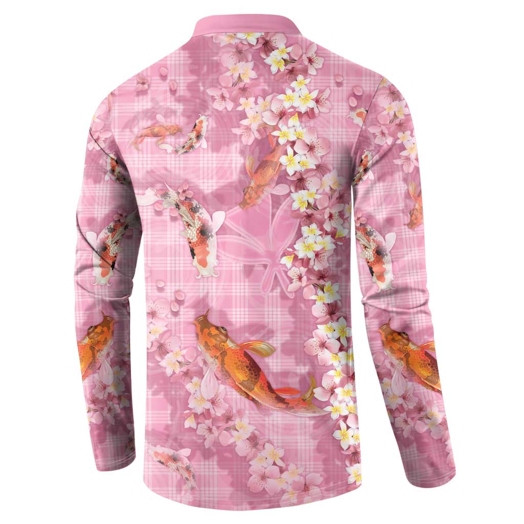 Pink Palaka Hawaiian And Japanese Button Sweatshirt Sakura Lei With Koi Fish - Polynesian Pride