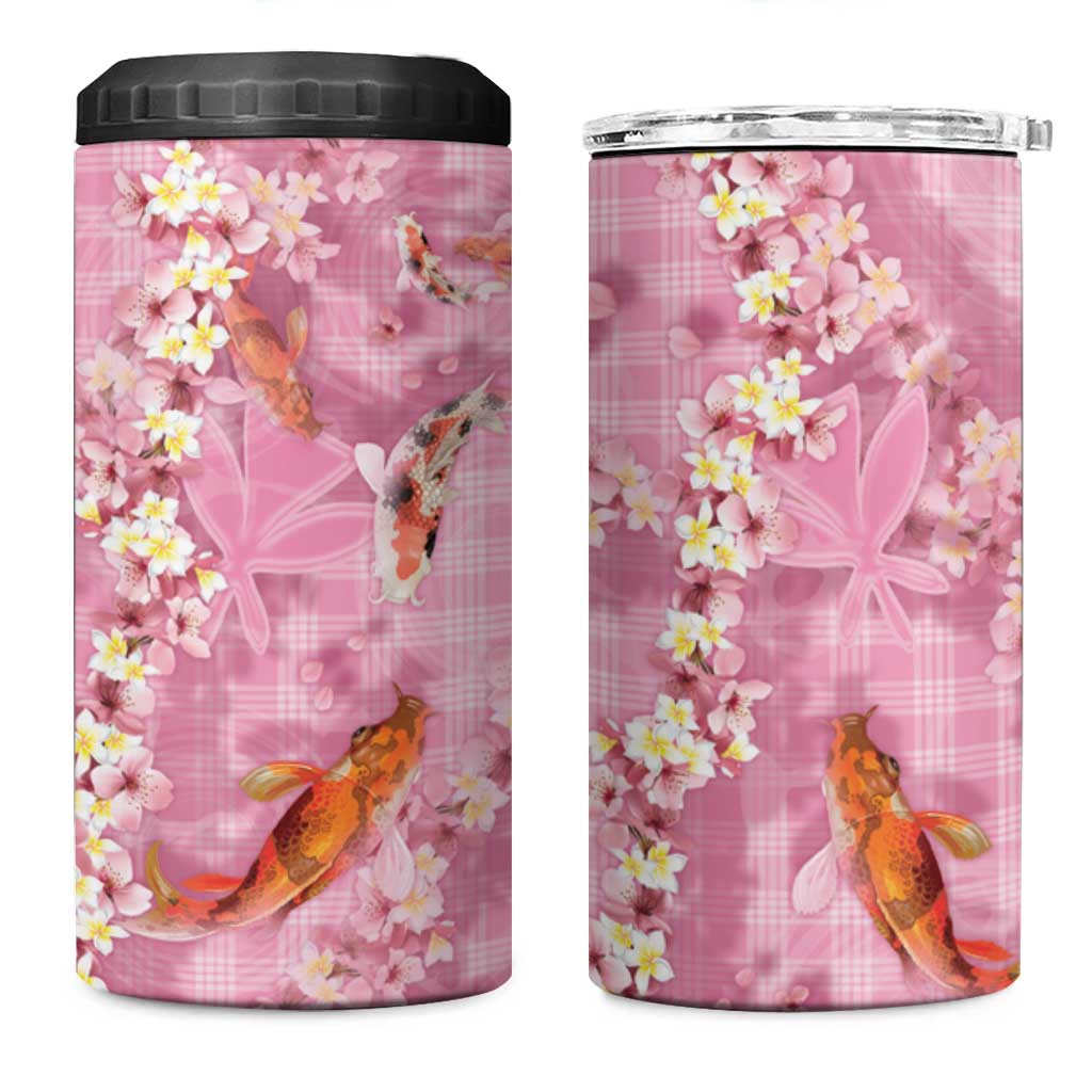 Pink Palaka Hawaiian And Japanese 4 in 1 Can Cooler Tumbler Sakura Lei With Koi Fish - Polynesian Pride
