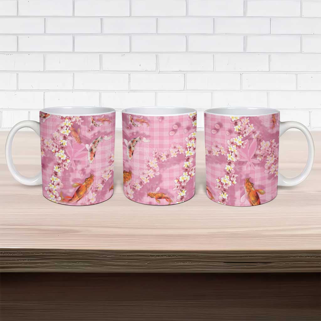 Pink Palaka Hawaiian And Japanese Ceramic Mug Sakura Lei With Koi Fish - Polynesian Pride