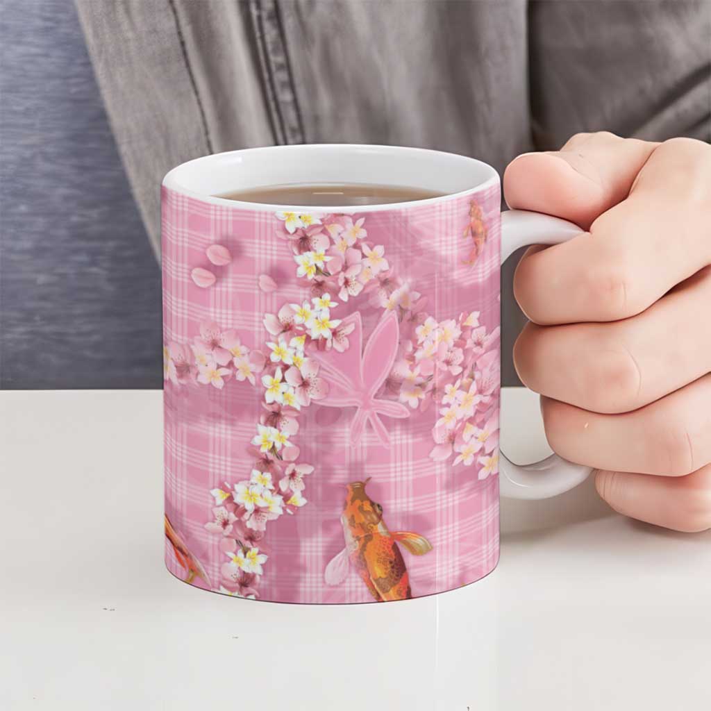 Pink Palaka Hawaiian And Japanese Ceramic Mug Sakura Lei With Koi Fish - Polynesian Pride
