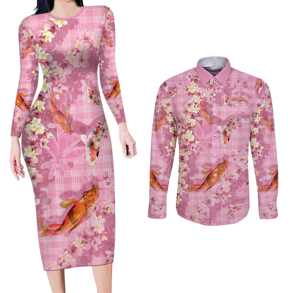 Pink Palaka Hawaiian And Japanese Couples Matching Long Sleeve Bodycon Dress and Long Sleeve Button Shirt Sakura Lei With Koi Fish - Polynesian Pride
