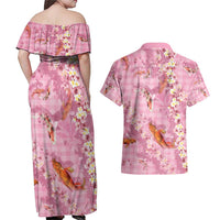 Pink Palaka Hawaiian And Japanese Couples Matching Off Shoulder Maxi Dress and Hawaiian Shirt Sakura Lei With Koi Fish - Polynesian Pride