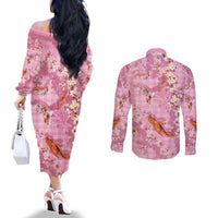 Pink Palaka Hawaiian And Japanese Couples Matching Off The Shoulder Long Sleeve Dress and Long Sleeve Button Shirt Sakura Lei With Koi Fish - Polynesian Pride