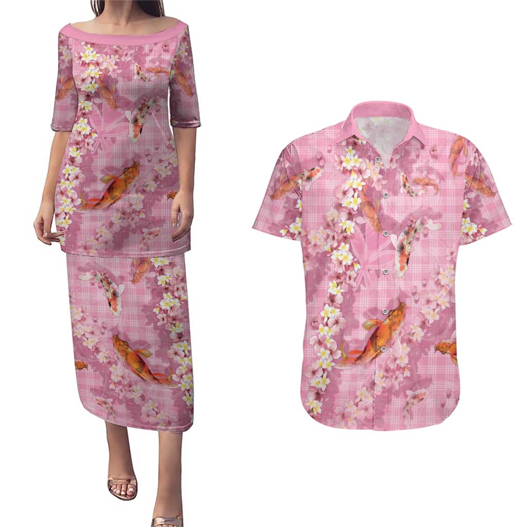 Pink Palaka Hawaiian And Japanese Couples Matching Puletasi and Hawaiian Shirt Sakura Lei With Koi Fish DT05 Pink - Polynesian Pride