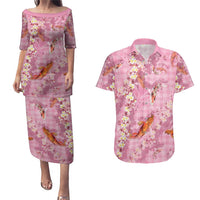 Pink Palaka Hawaiian And Japanese Couples Matching Puletasi and Hawaiian Shirt Sakura Lei With Koi Fish DT05 Pink - Polynesian Pride