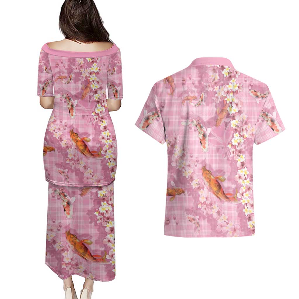 Pink Palaka Hawaiian And Japanese Couples Matching Puletasi and Hawaiian Shirt Sakura Lei With Koi Fish DT05 - Polynesian Pride